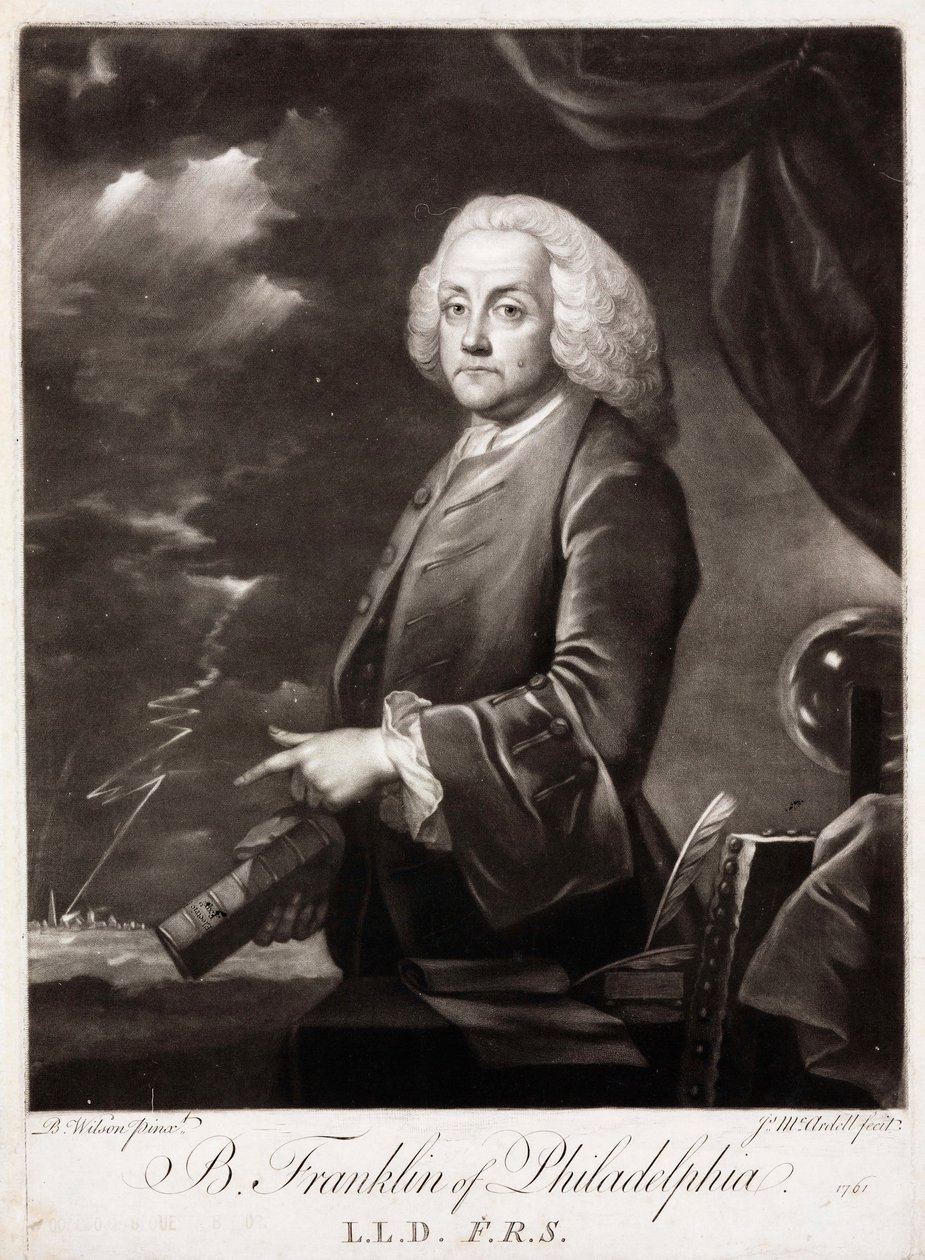 Benjamin Franklin, amerikansk teoretiker om statisk elektricitet av Unbekannt