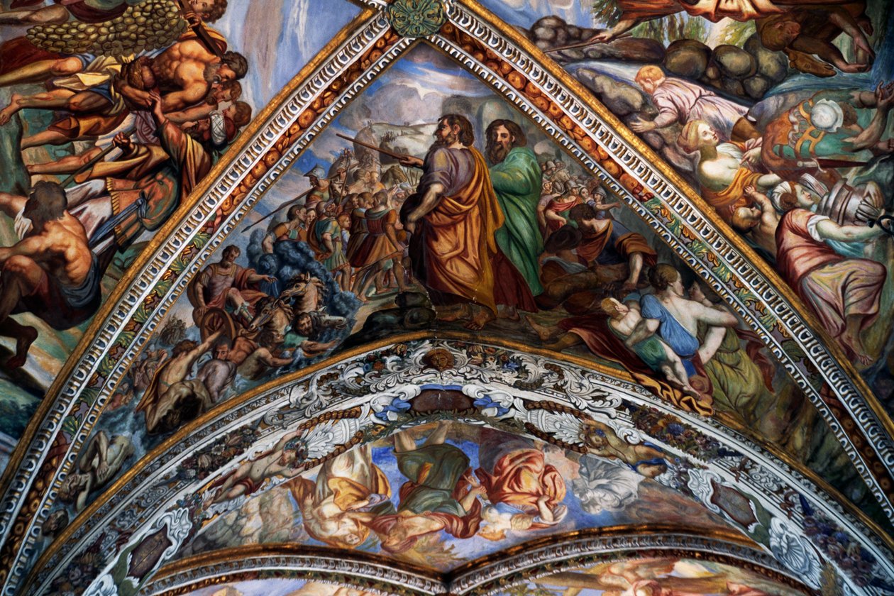 Bibliska scener, fresker (1700-talet) från valvet i St Bartolomeus-katedralen, Lipari, Eoliska öarna (UNESCOs världsarvslista, 2000), Sicilien, Italien. av Benjamin Baud