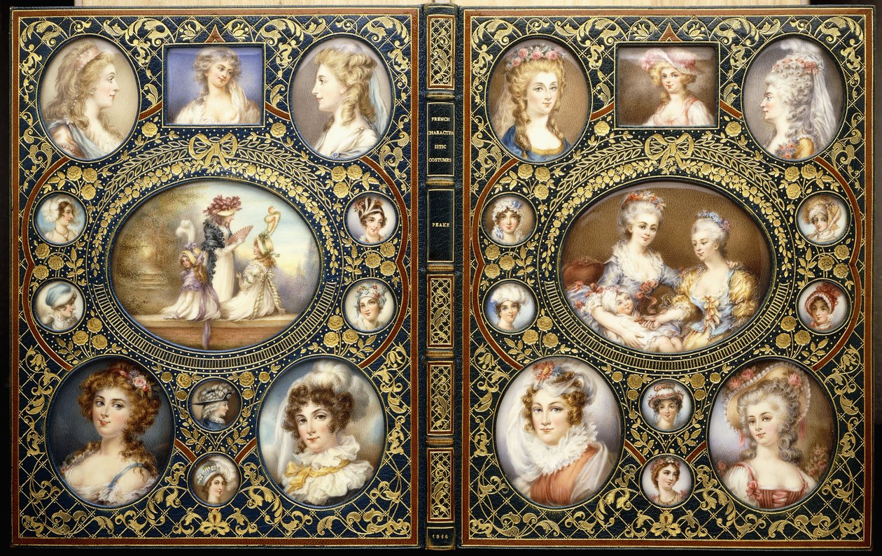 Bindande med tjugofyra porträttminiatyrer, från boken "French Characteristic Costumes" av Richard Brinsley Peake, 1816 av Unbekannt