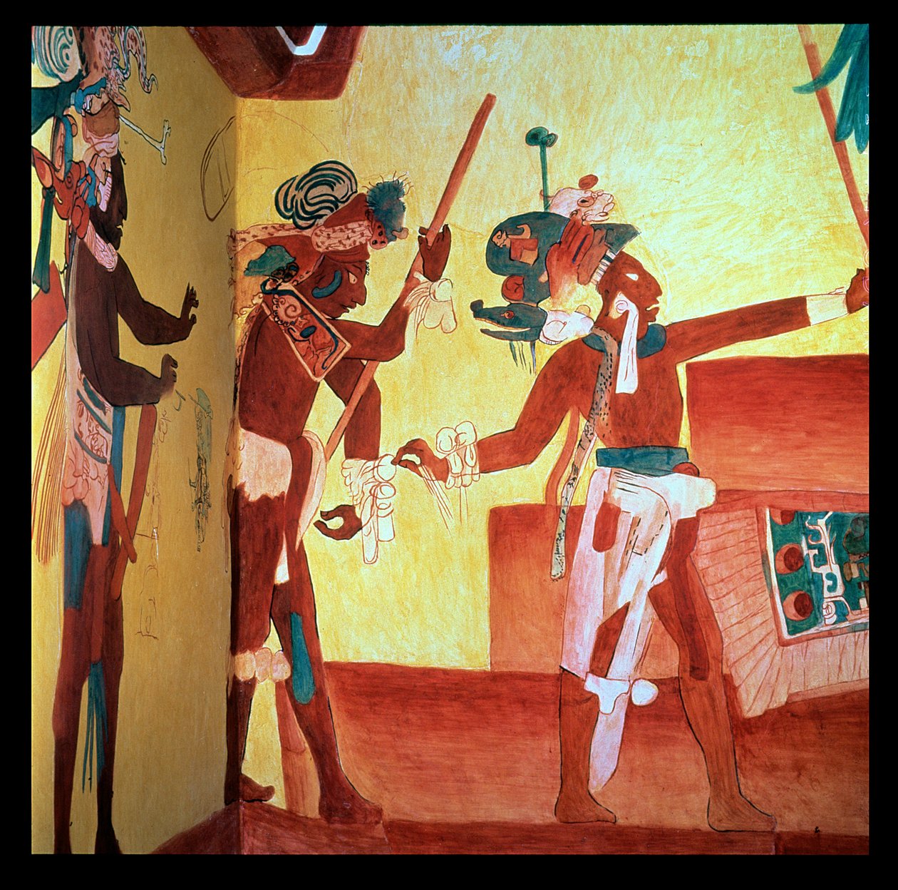 Bonampak-herrar i fjäderdräkter dansar för att fira efter en militär seger, Maya c.800 (fresk) av Unbekannter Künstler
