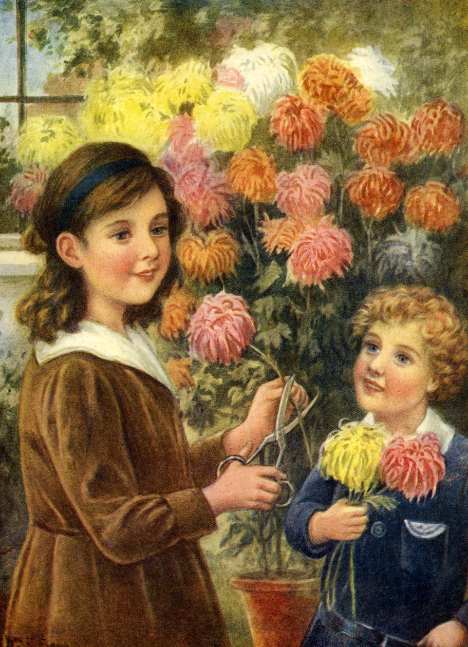 Pojke och flicka klipper blommor i trädgården utanför sitt hem av Unbekannter Künstler