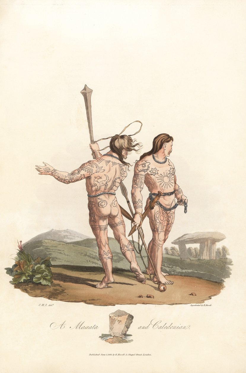 Brittisk antikvitet (förromersk tid, före 1:a århundradet): Catini och Caledonian invånare (Skottland) i de norra slätterna och skogarna i Storbritannien, med tatueringar täckta - Forte vatten av Robert Havell (1793-1878) från en illustration av Charles Ha av Unbekannter Künstler