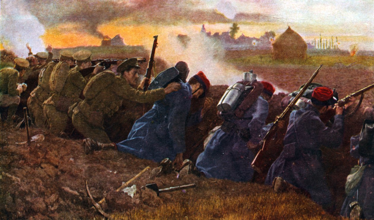 Brittiska trupper kämpar tillsammans med franska trupper för att stoppa den första tyska anstormningen, hösten 1914 av Unbekannter Künstler