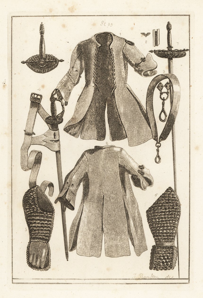 Buff coat 1,2, buff bälte 3, förgyllt silver svärdsfäste 4, buff armstycke och handske 5,6, toledo svärd 7, blad och skida 8, och stöd 9 av Unbekannt