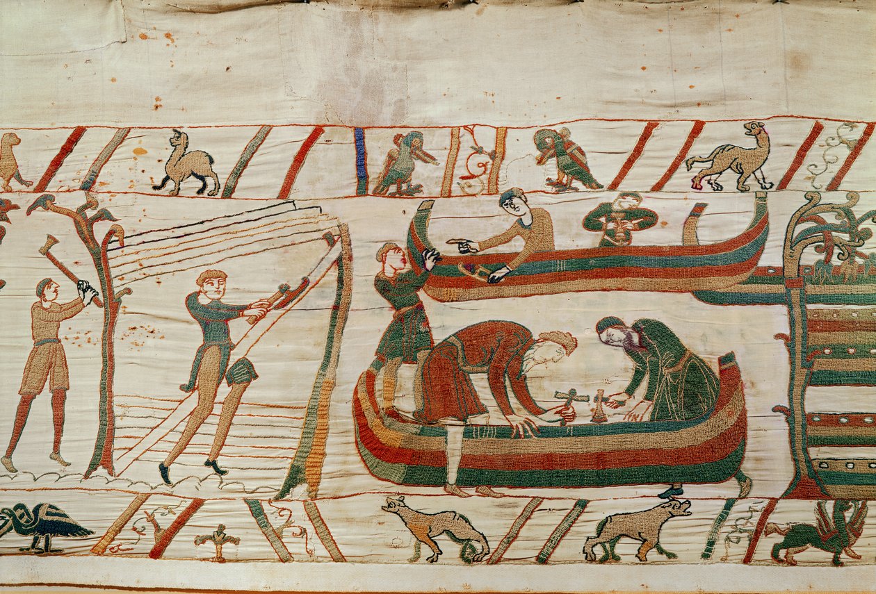 Bygga fartyg under order av hertig William, Bayeux Tapestry (ullbroderi på linne) av Unbekannt