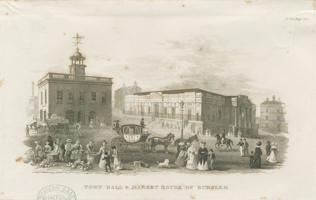 Burslem - Rådhus och marknadshus: gravyr, nd [1836] av Unbekannt