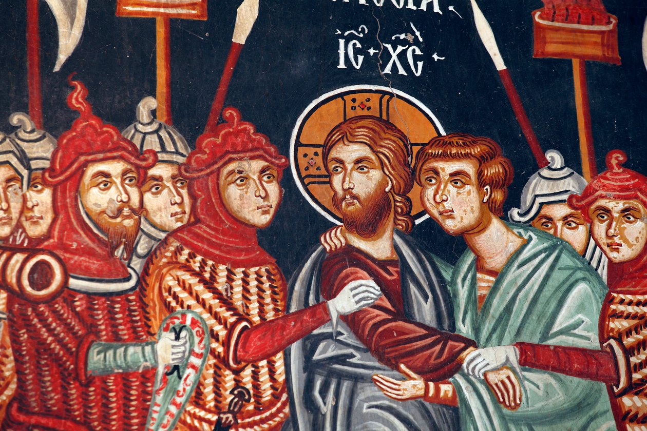 Bysantinsk fresk från 1400-talet Judas svek och arresteringen av Jesus Mikaels ärkeängelkyrka i Pedoulas Cypern Målade kyrkor UNESCO-plats Troodos, Cypern av Unbekannt