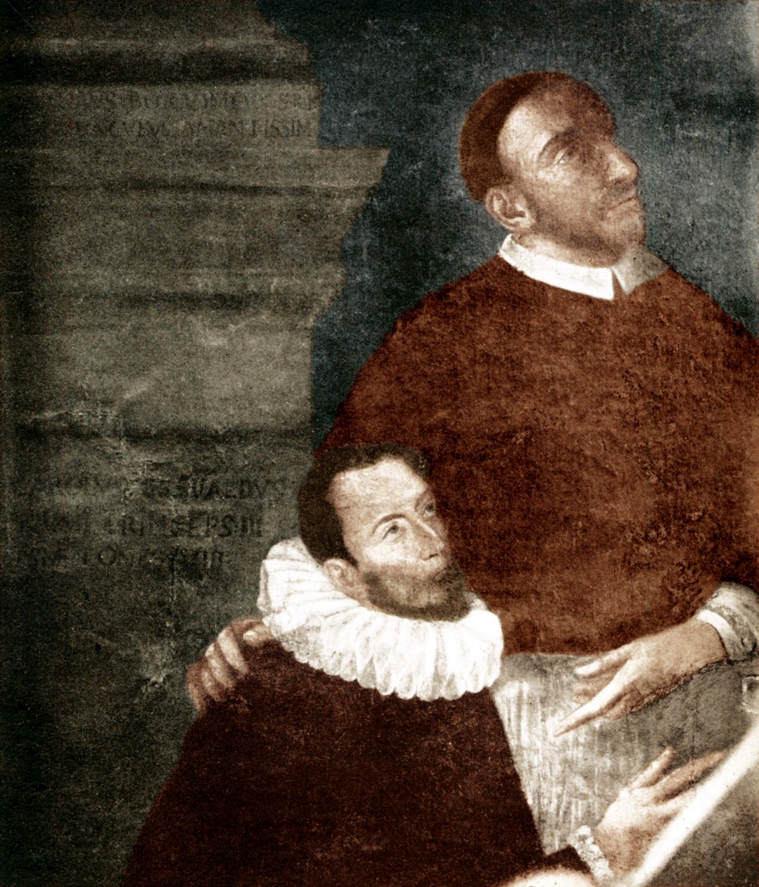 Carlo Gesualdo, Prins av Venosa. 1560-1613. I målning med sin farbror Carlo Borromeo. Gesualdo är knäböjande figur. Målning hänger i Gesualdo, Santa Maria delle Grazie-kyrkan (Kapuchinbrödernas kloster). Tänks vara en altartavla från 1609 av Giova av Unbekannter Künstler
