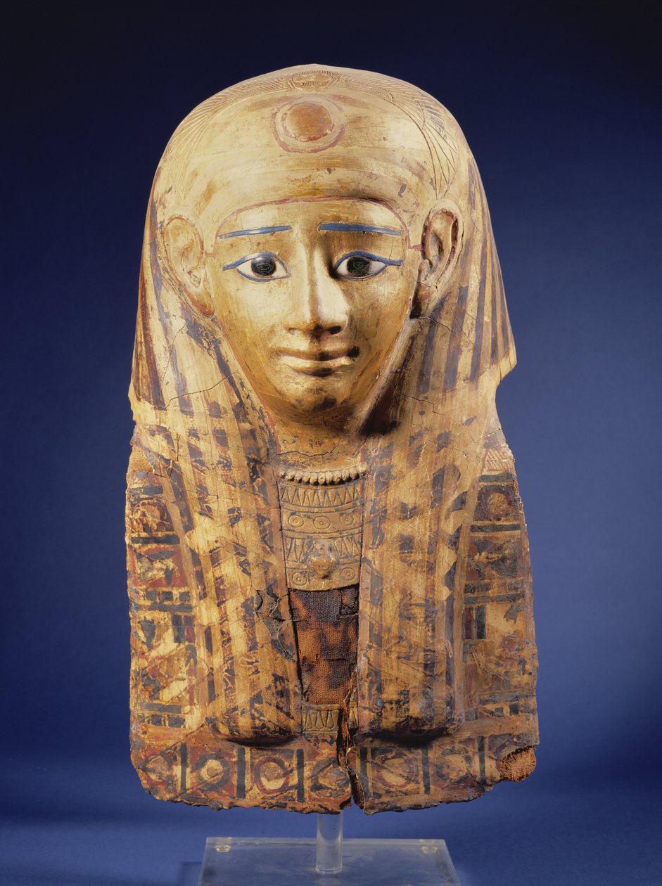 Kartonnagemumiens huvudbonad med lappet peruk, ögonen inlagda med obsidian och alabaster, egyptisk, sen period (644-332 f.Kr.) av Unbekannt