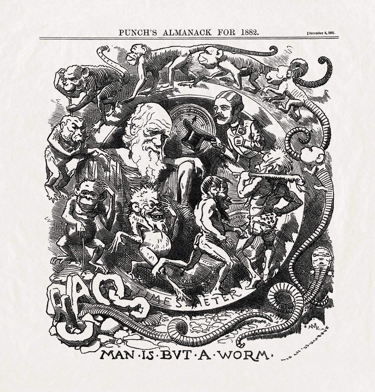 Skämtteckning om Charles Darwins (1809-1882) evolutionsteori: "Människan är bara en mask" (Människan är bara en mask) från "Punch" 06/12/1881 av Unbekannter Künstler