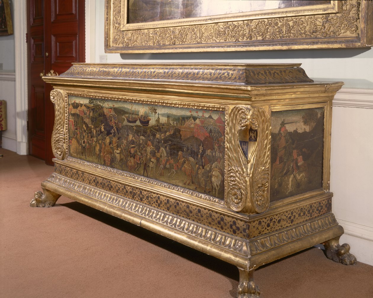 Cassone, med målade paneler som visar slaget vid Pharsalia från Pompejus och Caesars historia, Florentine School av Unbekannt