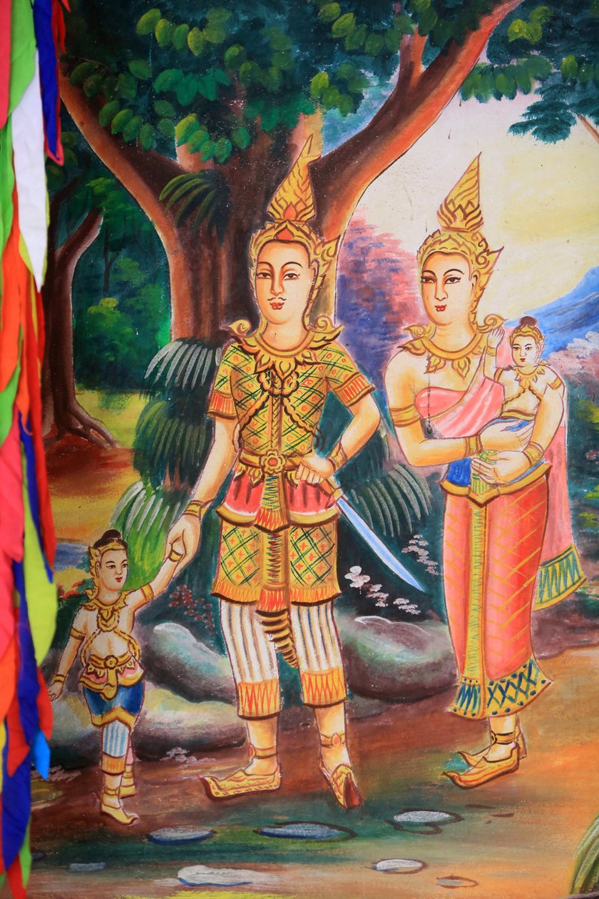 Takkonstverk som visar Buddhas liv. Wat Si Sou Mang Karam-templet. Vieng Vang. Laos, 20151102, Vieng Vang, Laos av Unbekannt