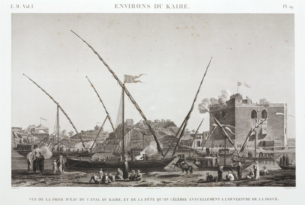 Firar den årliga öppningen av vallen vid Kairokanalen, Egypten, ca 1798 av Unbekannt