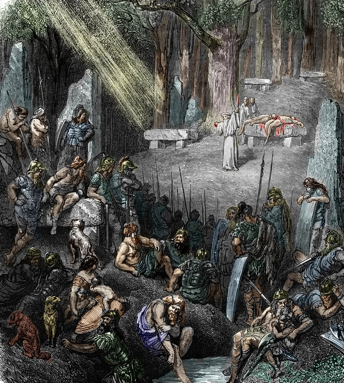 Keltisk antikvitet: "" Människooffer under en ceremoni ledd av en druid i närvaro av familjer och krigare i en skog" (Gallisk religion, människooffer under en ceremoni ledd av en druid i närvaro av familjer och krigare i en skog) Gravyr f av Leopold Blonder