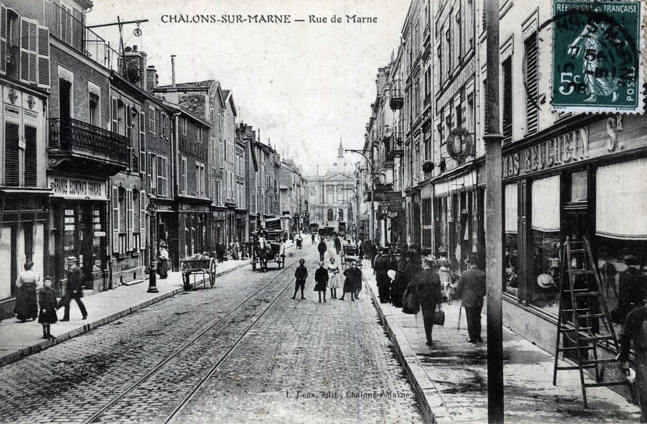 Champagne-Ardenne, Marne (51), Chalons sur Marne (Chalons-sur-Marne): utsikt över rue de la Marne (staden heter nu Chalons en Champagne (Chalons en Champagne) - Vykort sent 1800-tal - början av 1900-talet av William M. Timlin