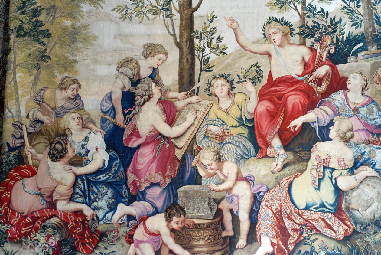 Chateau de Fontainebleau: detalj, draperi vävt för Ludvig XIV vid Gobelins-fabriken från 1687 efter de stora målningarna av Pierre Mignard på Chateau de Saint Cloud för Monsieur Philippe Duc d