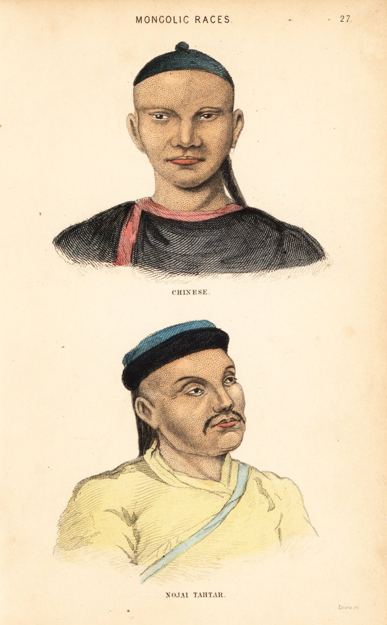Kinesisk man och tatarisk man från Nogai-horden. Mongoliska raser. Handkolorerat stålstick av Lizars efter en illustration av Charles Hamilton Smith från hans Natural History of the Human Species. av Unbekannter Künstler