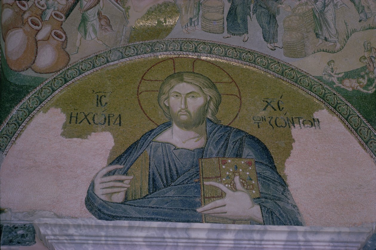 Kristus i majestät, mosaik ovanför dörren till narthexen till den bysantinska kyrkan St. Saviour of the Chora (foto) av Unbekannt