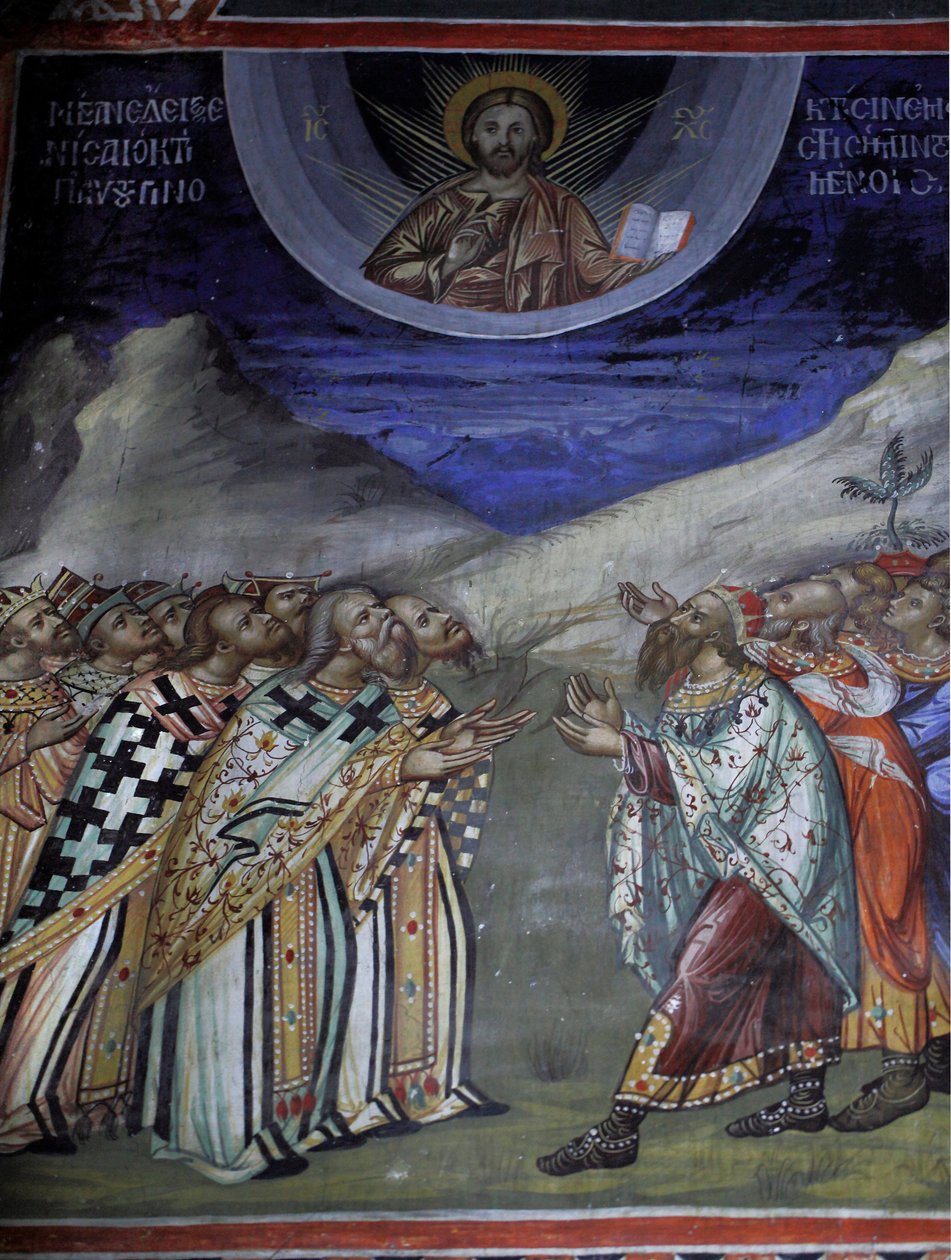 Kristus i härlighet kontrollerar de timliga och andliga krafterna Bysantinsk fresk från Agios Ioannis Lampadistis kloster, Saint-John Lampadistis 1000-talet Cypern Målade kyrkor UNESCO-plats Troodos, Cypern av William M. Timlin