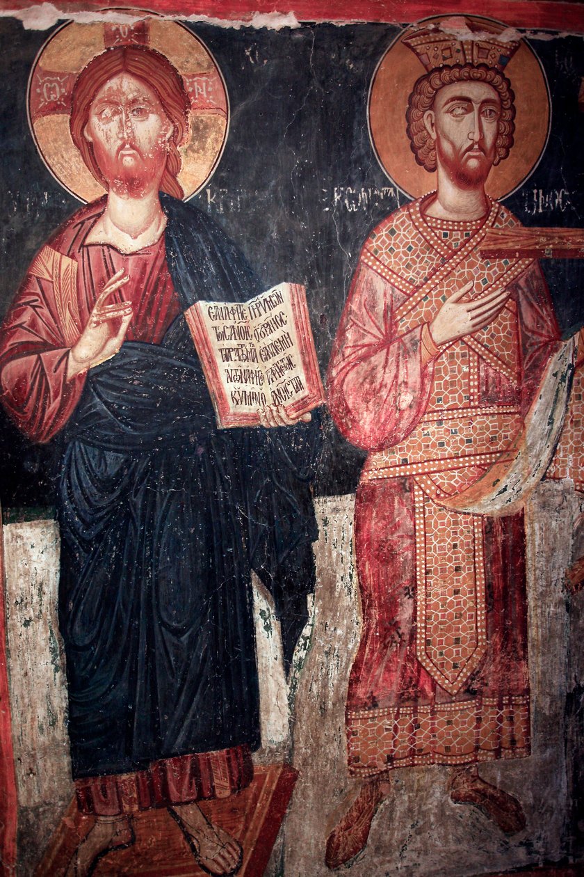 Kristus med Sankt Konstantin Timios Stavros tou Agiasmati kyrka, Agiasmatis heliga kors 1400-talet Cypern Målade kyrkor UNESCO-plats Troodos, Cypern av Unbekannt