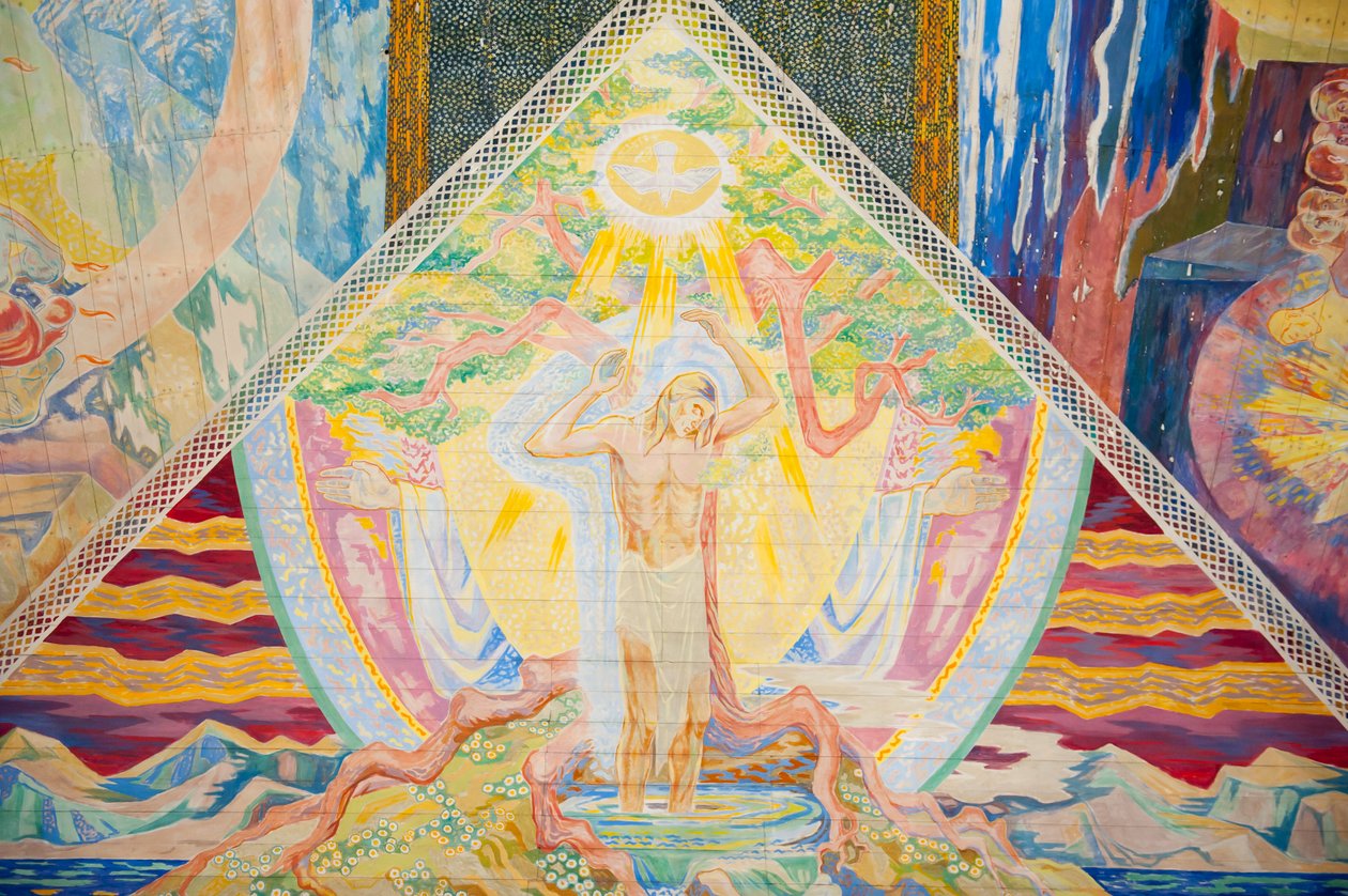 Kristendomen; modern; konst; färgglad takmålning av Lous Mohr """ Trinity""""; 1938; målning av Jesus Kristus inuti Oslos katedral; Oslo Domkirke; Oslo; Norge; Skandinavien; Norra Europa; Europa av Unbekannt