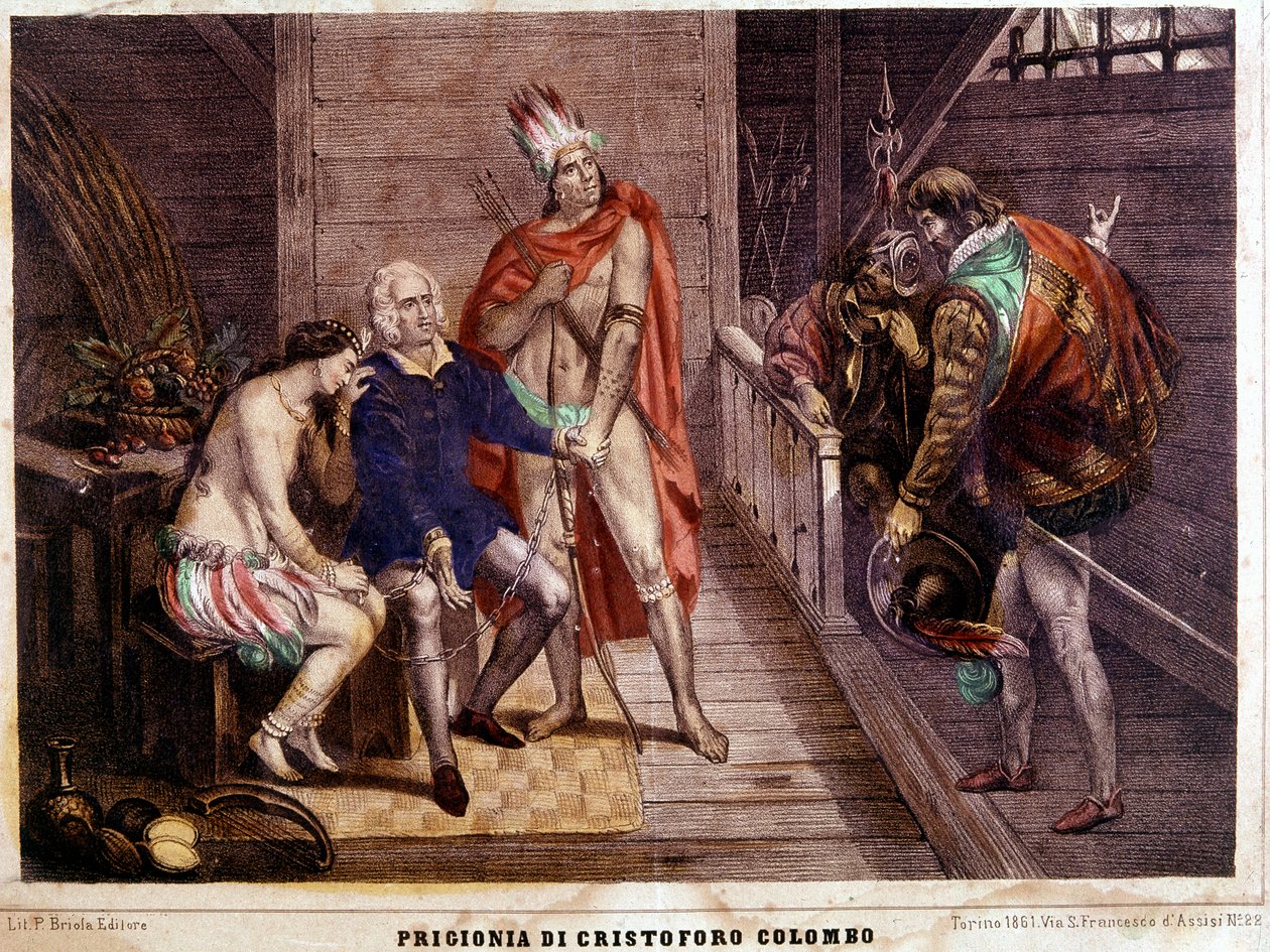 Christopher Columbus (Colombo) kedjor år 1500 på väg tillbaka till Spanien - italiensk gravyr från 1861 av Unbekannter Künstler