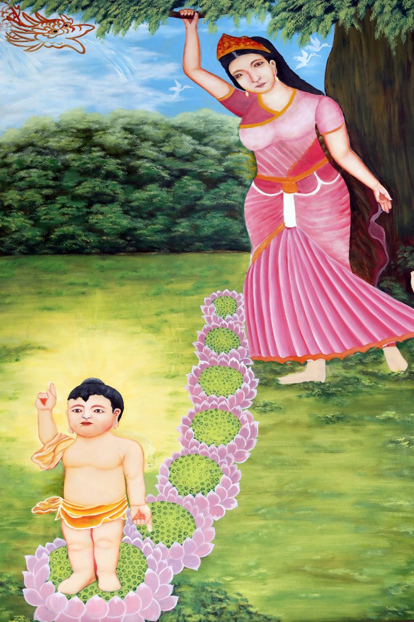 Chua Tu Quang buddhistiska tempel. Prins Siddhartha Gautama, Buddha som barn. Det sägs att barnet föddes helt vaket. Han kunde tala och berättade för sin mor att han hade kommit för att befria hela mänskligheten från lidande. Vung Tau. Vietnam. av Unbekannt