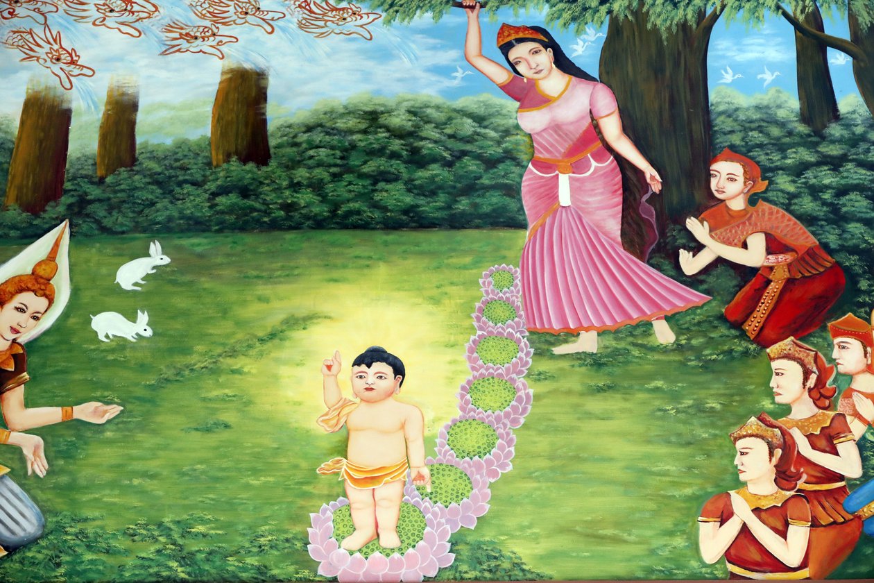 Chua Tu Quang buddhistiska tempel. Prins Siddhartha Gautama, Buddha som barn. Det sägs att barnet föddes helt vaket. Han kunde tala och berättade för sin mor att han hade kommit för att befria hela mänskligheten från lidande. Vung Tau. Vietnam. av Unbekannt