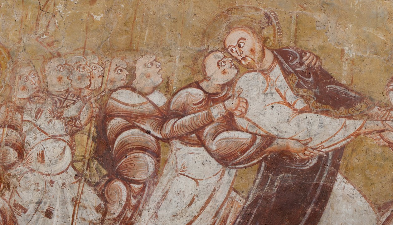 Kyrka (Église Saint-Martin). Interiör. Väggmålningar (fresk). Norra väggen i koret. Detalj. arrestering av Kristus. 1100-talet. av Unbekannt