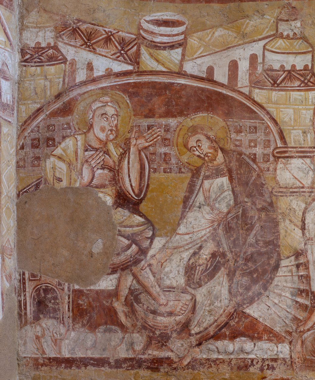 Kyrka (Église Saint-Martin). Interiör. Väggmålningar (fresk). Norra väggen i koret. Detalj. fottvätt. 1100-talet. av Unbekannt