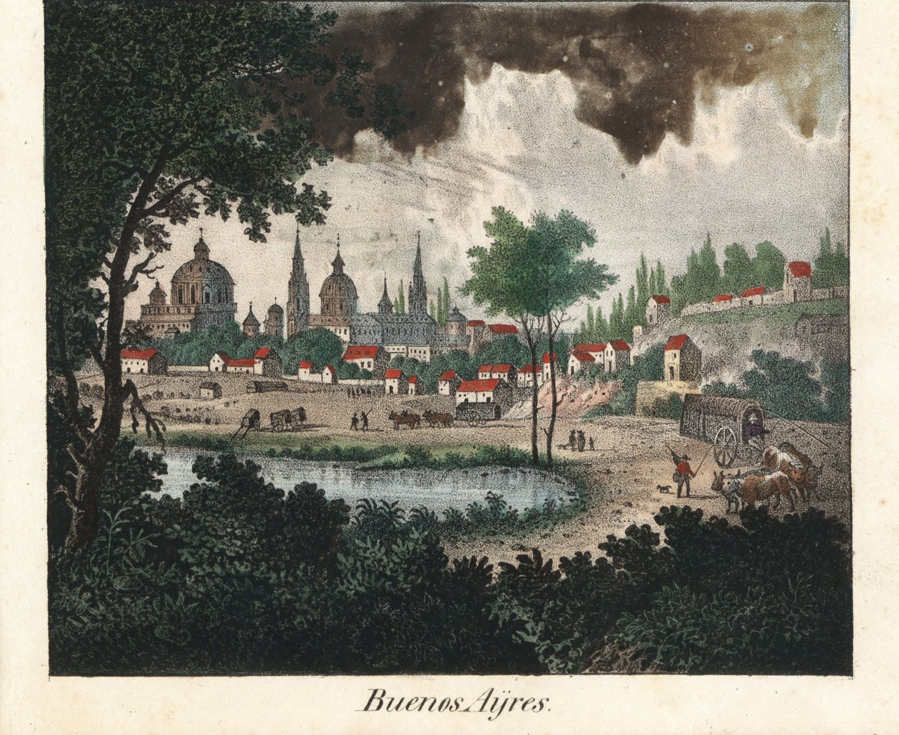Vy över staden Buenos Aires (Argentina). Litografi för boken: "Galerie complete en tableaux fideles des peuples d