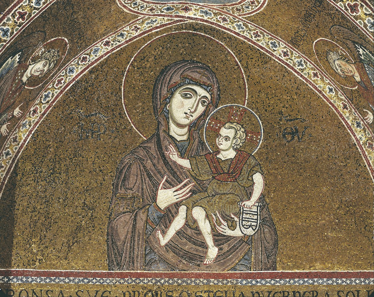 Närbild av en väggmålning av Jungfru Maria, Monreale, Sicilien, Italien av Benjamin Baud