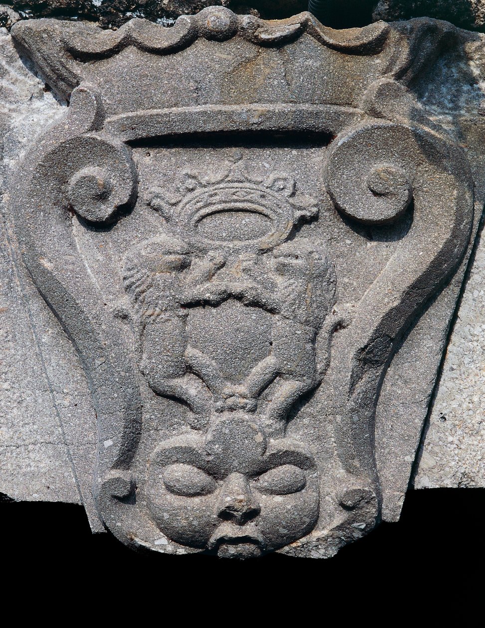 Vapen i sten, entrédörr architrave, Barile, Basilicata, Italien av Benjamin Baud