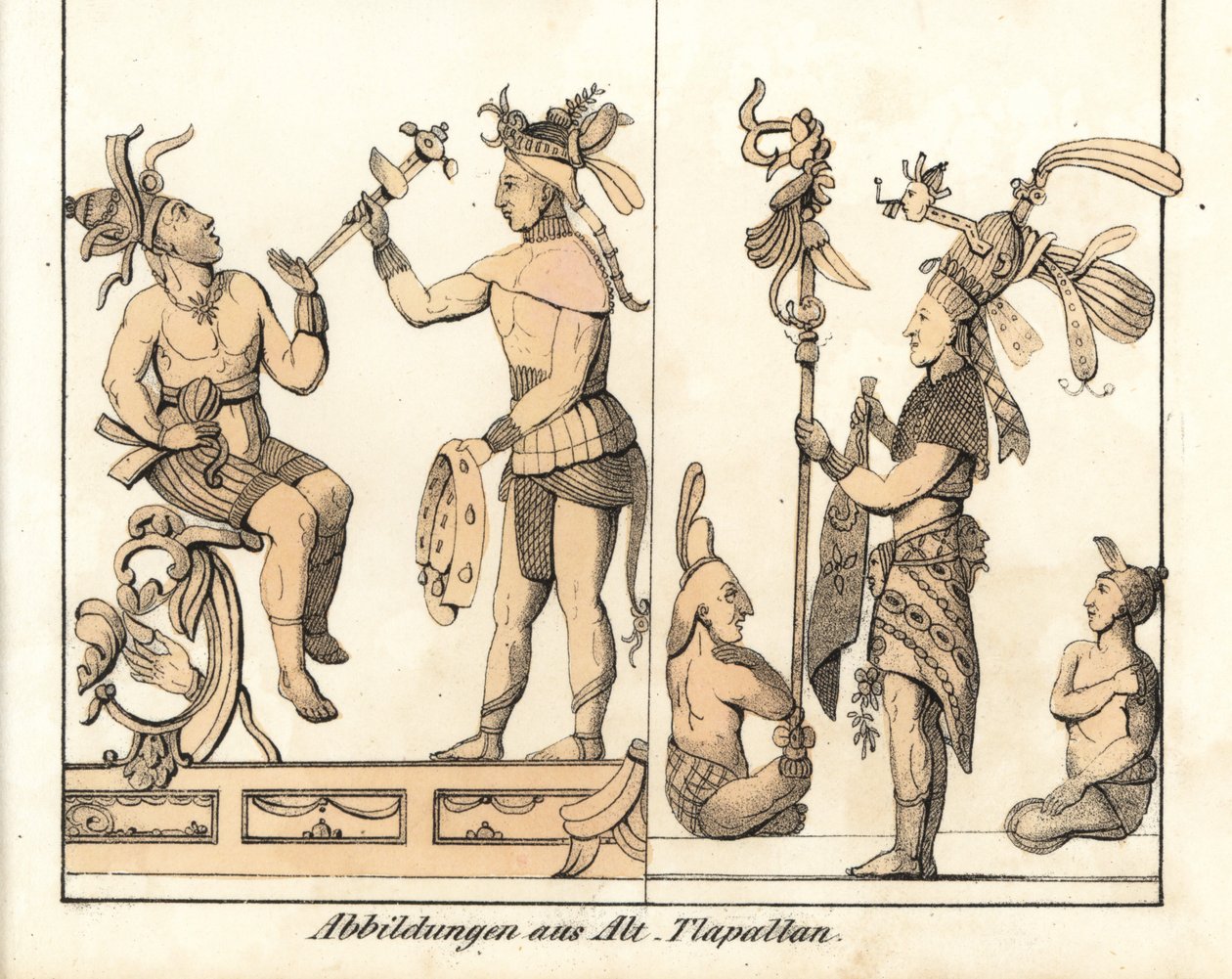 Samling teckningar av Tlapallan (Mexiko). Litografi för boken: "Galerie complete en tableaux fideles des peuples d