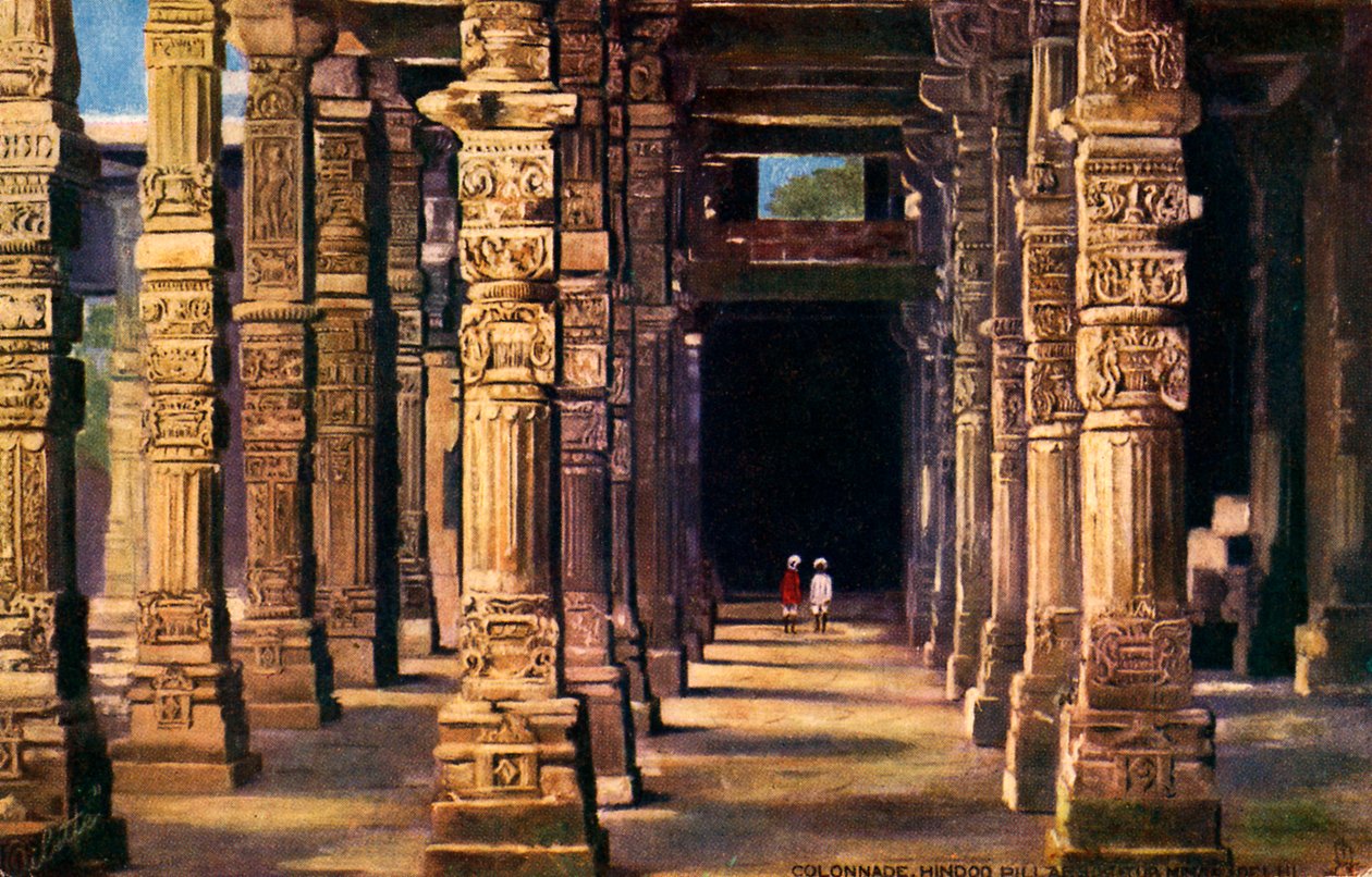 Kolonad med hinduiska sniderier, Qutb Minar, tidigt 1900-tal (tryck) av Unbekannter Künstler