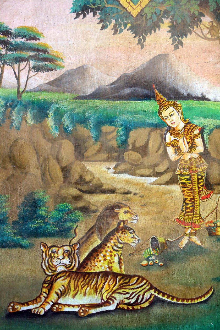Medkänsla med djur. Målning som skildrar Shakyamuni Buddhas livshistoria. Wat Naxai. Vientiane. Laos, 20151106, Vientiane, Laos av Unbekannt