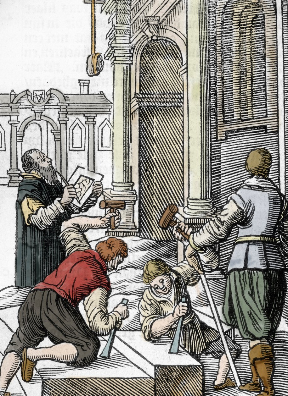 Konstruktion av en katedral, stenhuggare på 1200-talet (gravyr) av Unbekannter Künstler