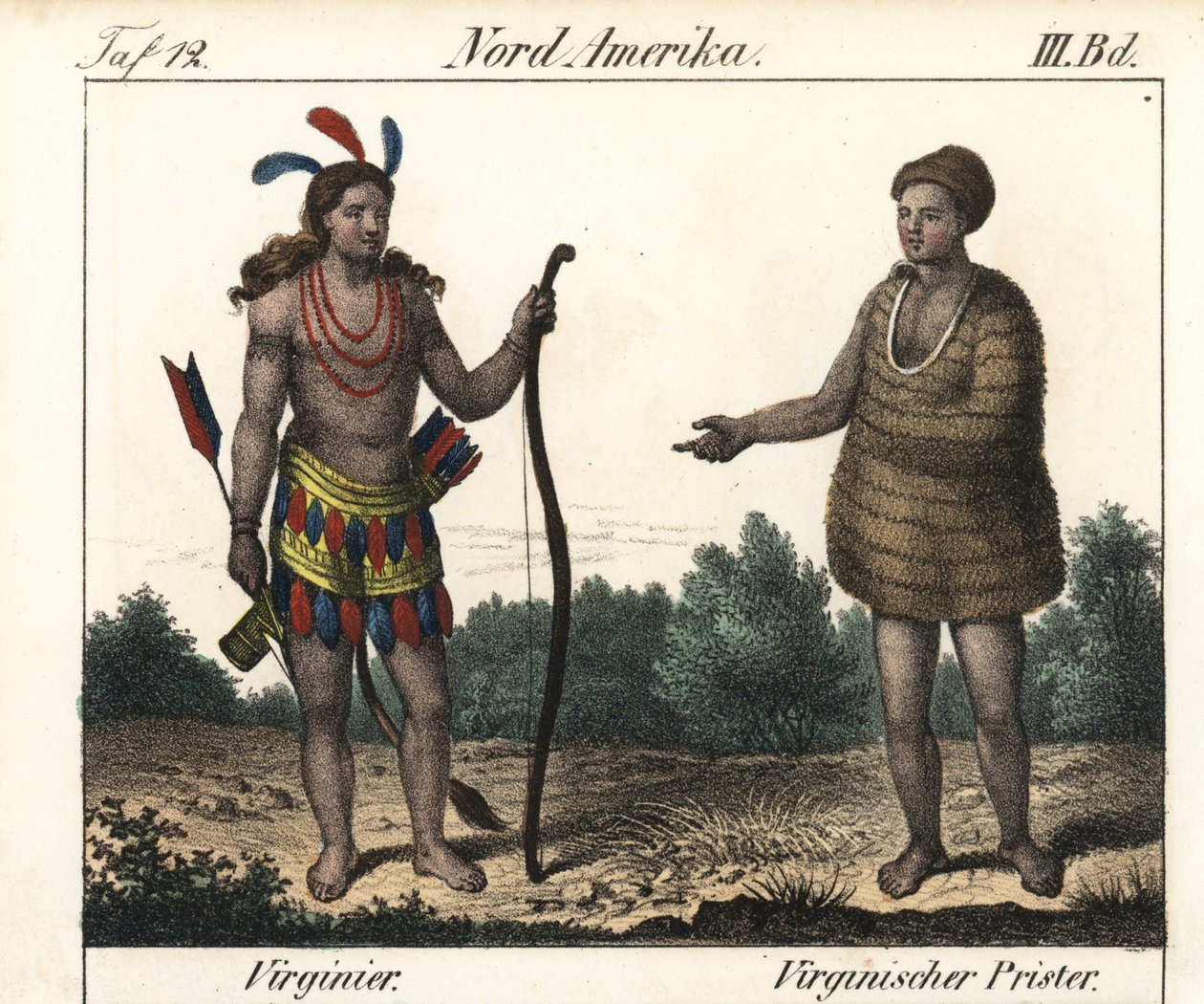 Dräkt av Powhatan-indianerna i Virginia (USA): en krigare och en präst från Secota. Litografi för boken: "Galerie complete en tableaux fideles des peuples d