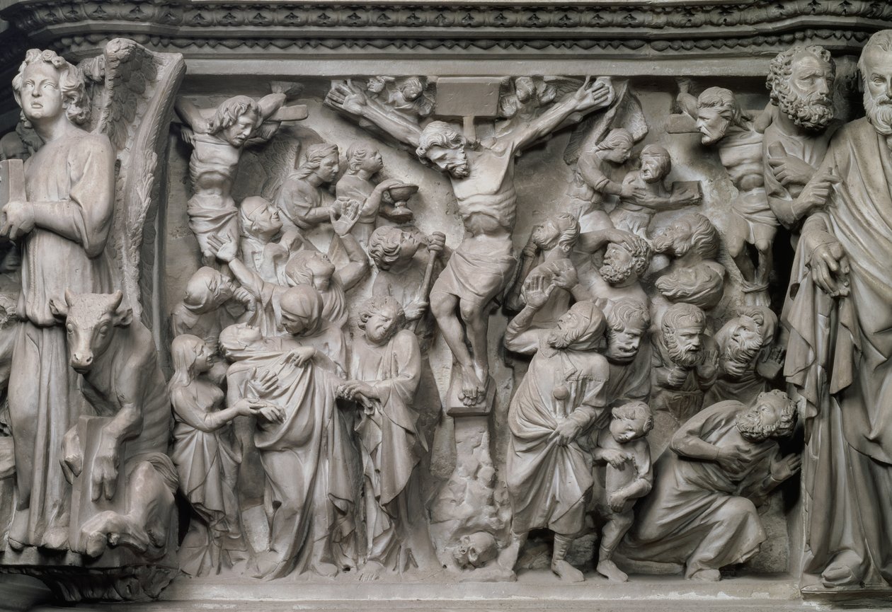 Korsfästelsescen: detalj av relief från toppen av den sexkantiga predikstolen designad av Giovanni Pisano (1245-1329), ca 1297 (marmor) (detalj av 77020) av Unbekannter Künstler