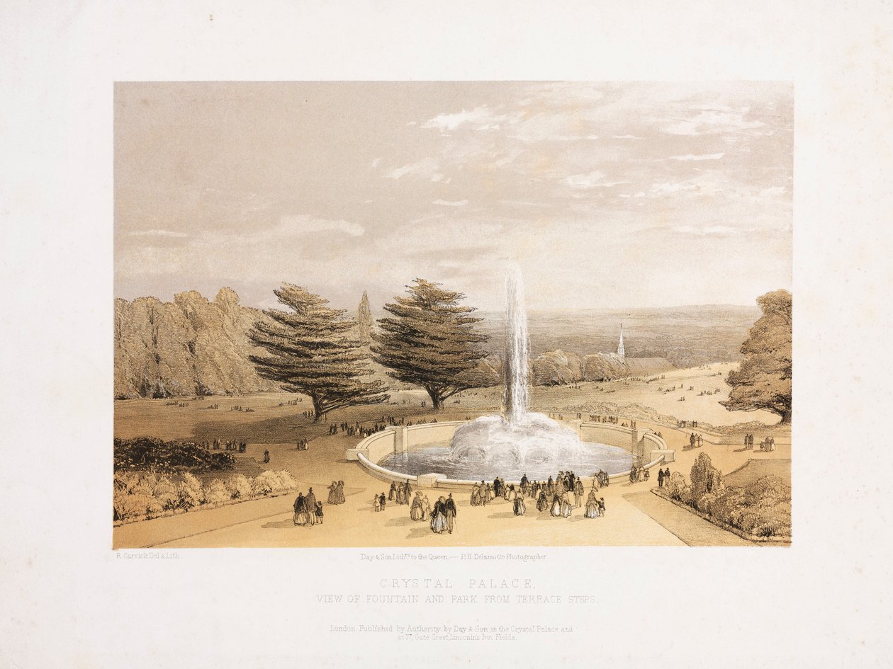 Crystal Palace, Post-Great Exhibition Fontänen och parken från terrassen på Crystal Palace, ca 1855 av Unbekannt
