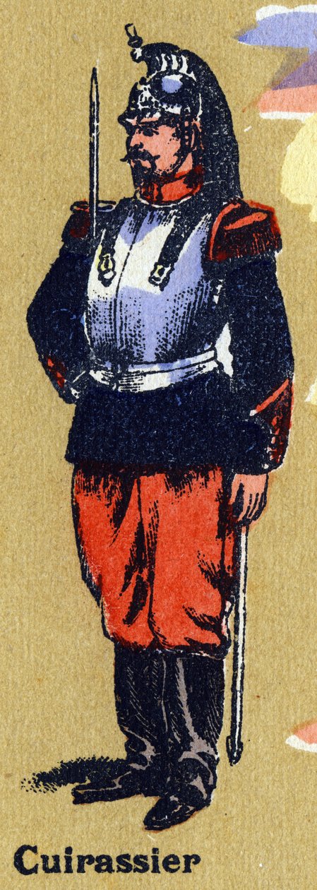 Cuirassier i soldatuniform. Illustrerat alfabet. Bilder återförenades i Jarville-Nancy, början av 1900-talet. Mått: 40 x 29 cm. Litografi på en bistre bakgrund av Unbekannt