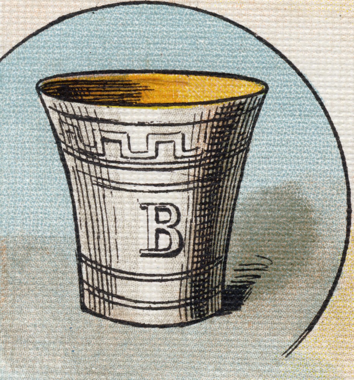 Cup . Gravyr i "Alphabet de ma petite fille". Bernardin-Bechet och Fils, bokhandlare-förlag, Paris, omkring 1895. Okrossbart album på duk. Bibliotheque des Bebes. 12 sidor. Album innehållande en läsmetod och en illustrativ abecedary. Dim: 29, av Unbekannt