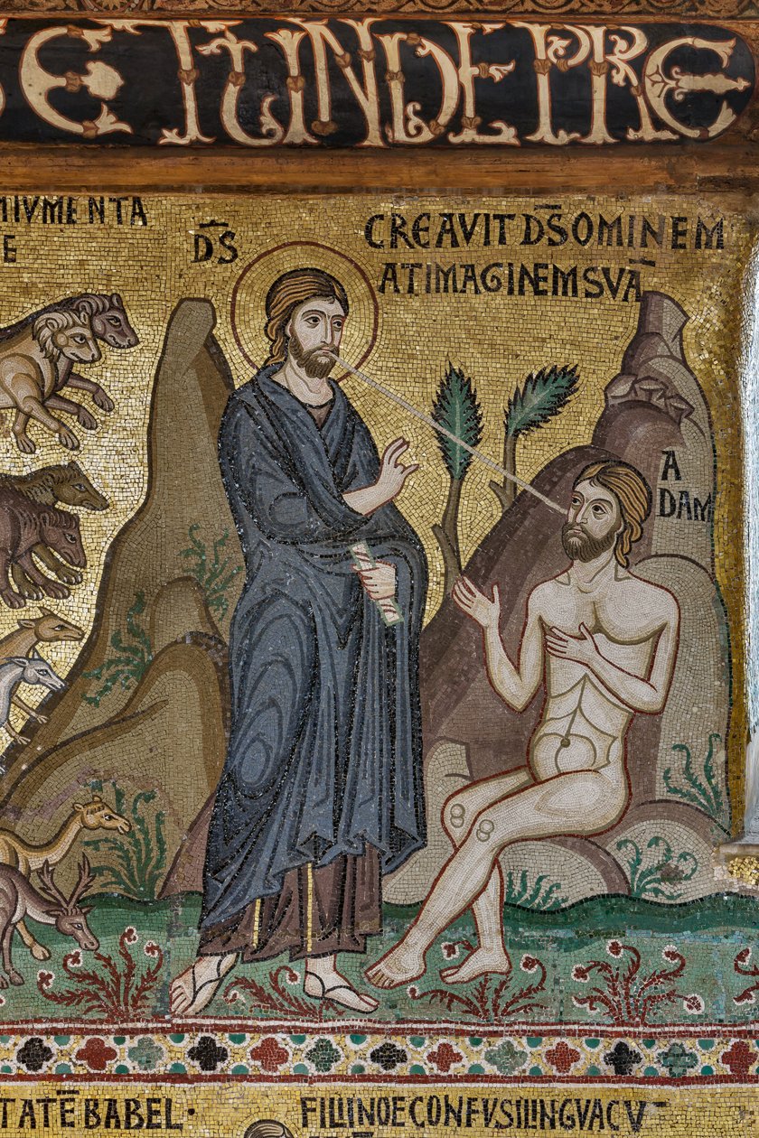 Mosaikcykel i Gamla testamentet, skapelsecykeln: "Adams skapelse", XII-talet, Palatinska kapellet, Kungliga palatset eller Palazzo dei Normanni (Normandernas palats), Palermo, Sicilien, Italien (foto) av Unbekannter Künstler