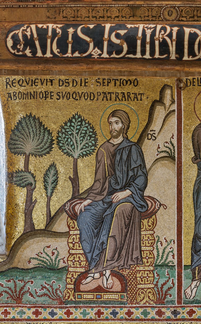 Cykel av mosaiker i Gamla testamentet, skapelsecykeln: "Skaparens vila på den sjunde dagen", XII-talet, Palatinska kapellet, Kungliga palatset eller Palazzo dei Normanni (Normandernas palats), Palermo, Sicilien, Italien ( Foto) av Unbekannter Künstler