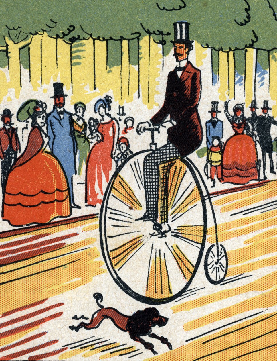 Cyklist på en stor bil, ca 1900-1920 (kromolitografi) av Unbekannter Künstler