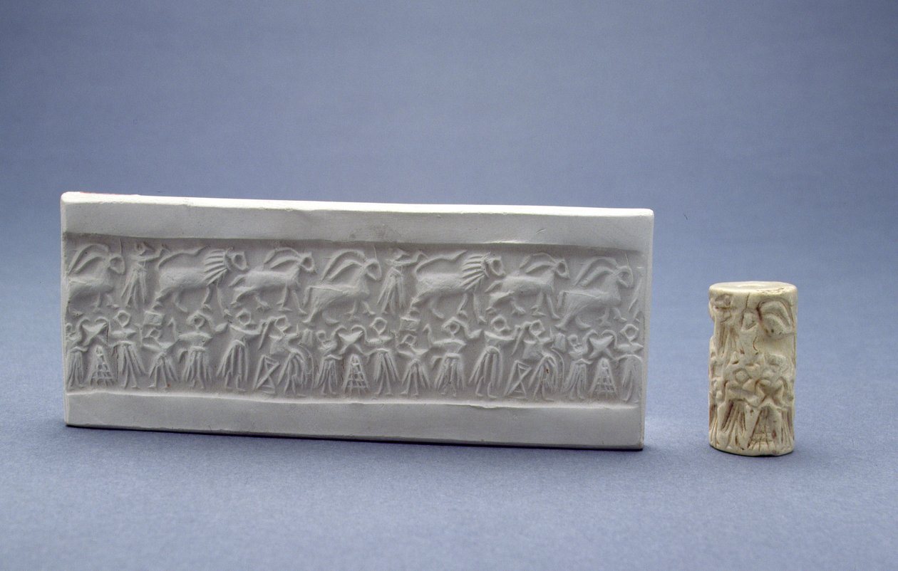 Cylinderförsegling, visad med gipsavtryck, mesopotamiskt, sumeriskt (tidig dynastic III), c.2500 f.Kr. (sten) av Unbekannt
