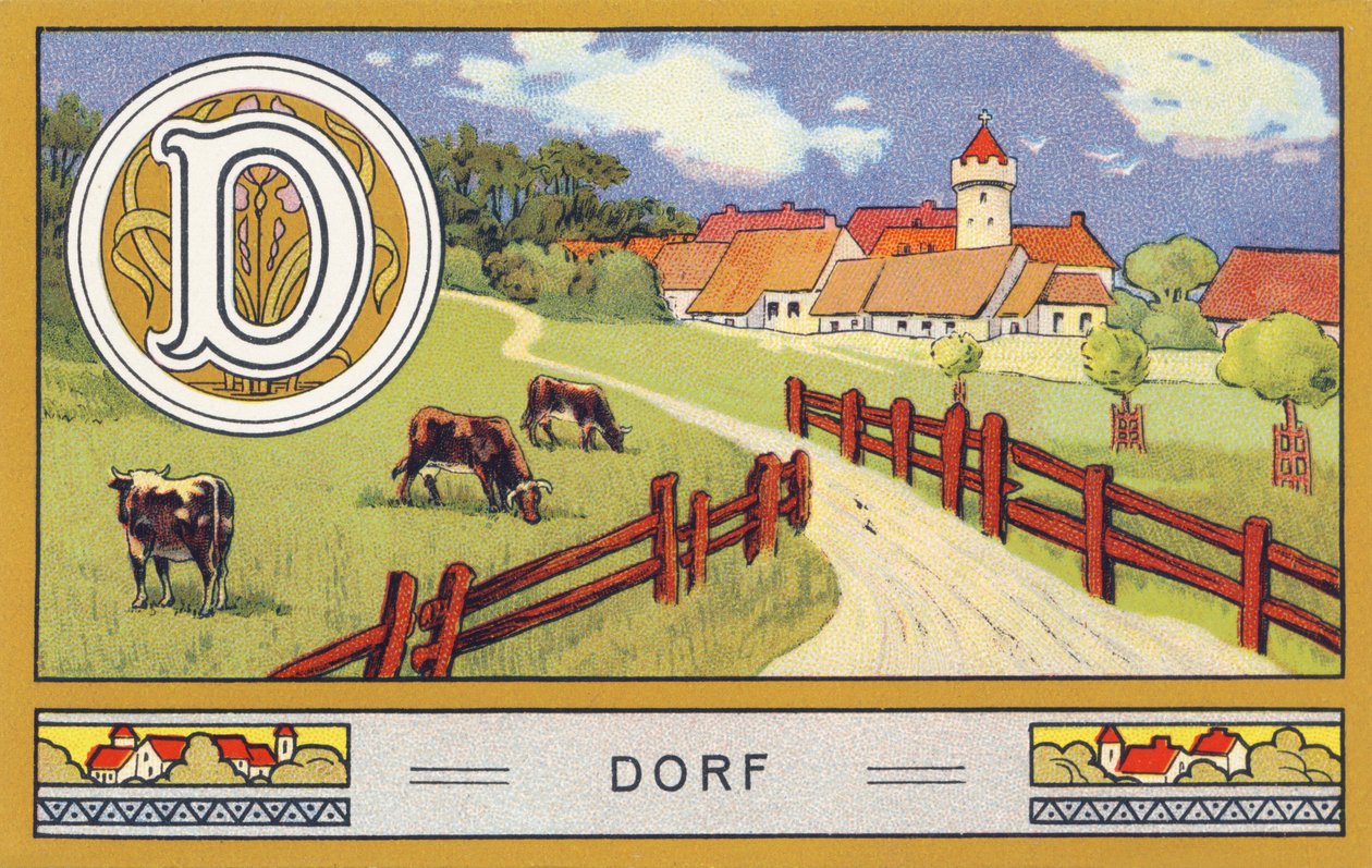 D: Village - Alphabet Palmin. Serie av kromolitografier redigerade av H. Schlinck & Cie, Hamburg, sid. d. . Annons för Palmins finaste kokosfett. Mått: 7 x 11 cm av William M. Timlin