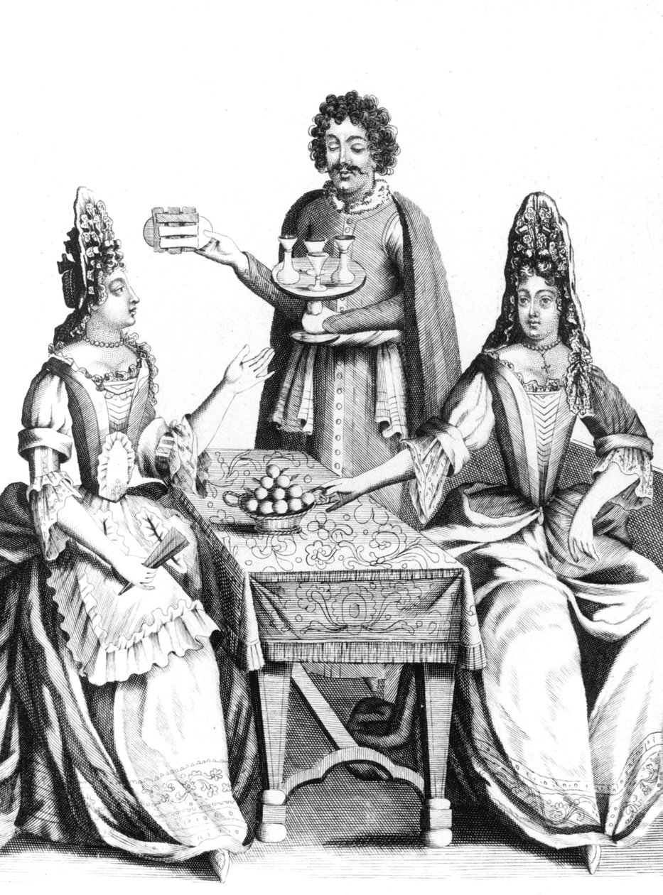 Dames prenant des rafraichissements au 17e siecle (apres 1670) - kvinnor som får sig en förfriskning på 1600-talet - mode mode coiffe headgear hairstyle eventail fan cafe bar France av Unbekannter Künstler