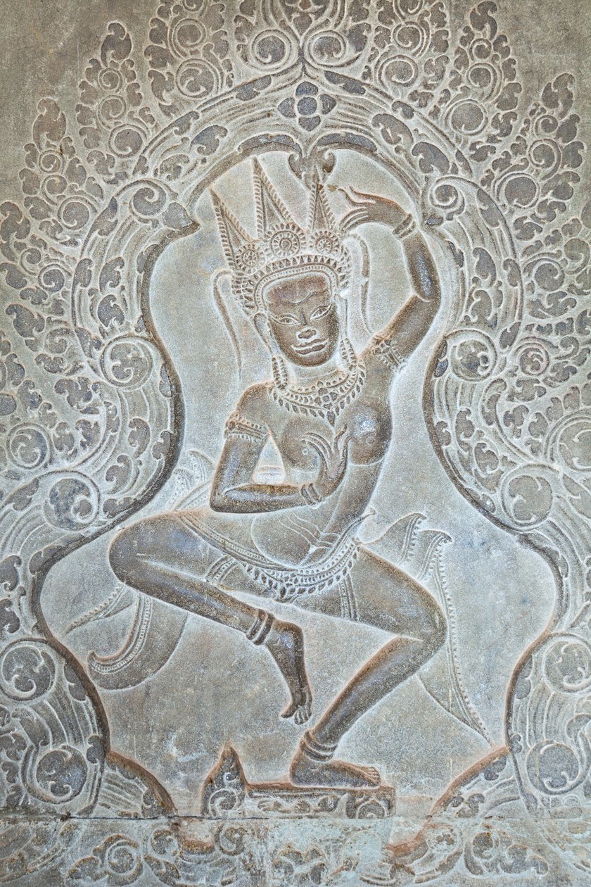 Dansande Apsara-relief på den yttre västra väggen, Angkor Wat, Kambodja (foto) av Unbekannter Künstler