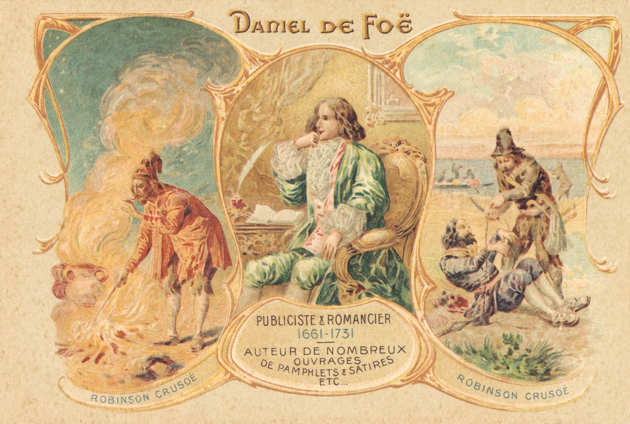 Daniel Defoe vid sitt skrivbord och hans berömda verk (tryck) av Unbekannter Künstler